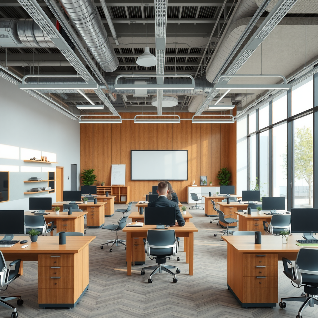 Современное образовательное пространство Chainflux Lab с открытой планировкой, естественным освещением и рабочими зонами для изучения финансовой грамотности