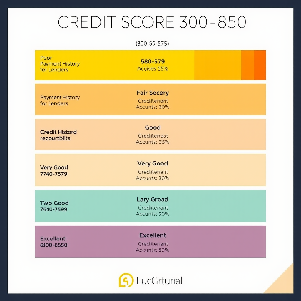 Detailed infographic showing credit score ranges from poor to excellent, with visual representation of factors affecting credit scores including payment history, credit utilization, length of credit history, and types of credit accounts
