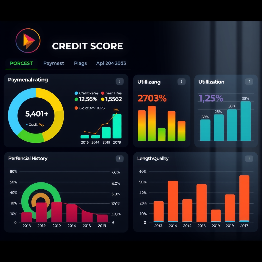 Современная панель управления кредитным рейтингом с графиками, показывающими различные факторы влияния на кредитную оценку, включая историю платежей, использование кредита и длительность кредитной истории