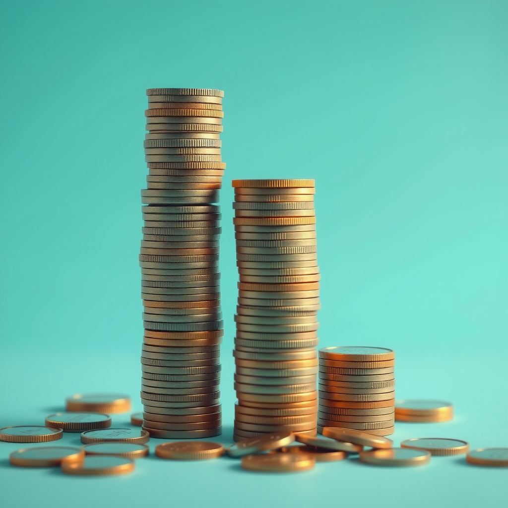 Концептуальное изображение финансовой подушки безопасности: стопки монет разной высоты, символизирующие постепенное накопление средств, на фоне спокойного бирюзового градиента с элементами защиты и стабильности