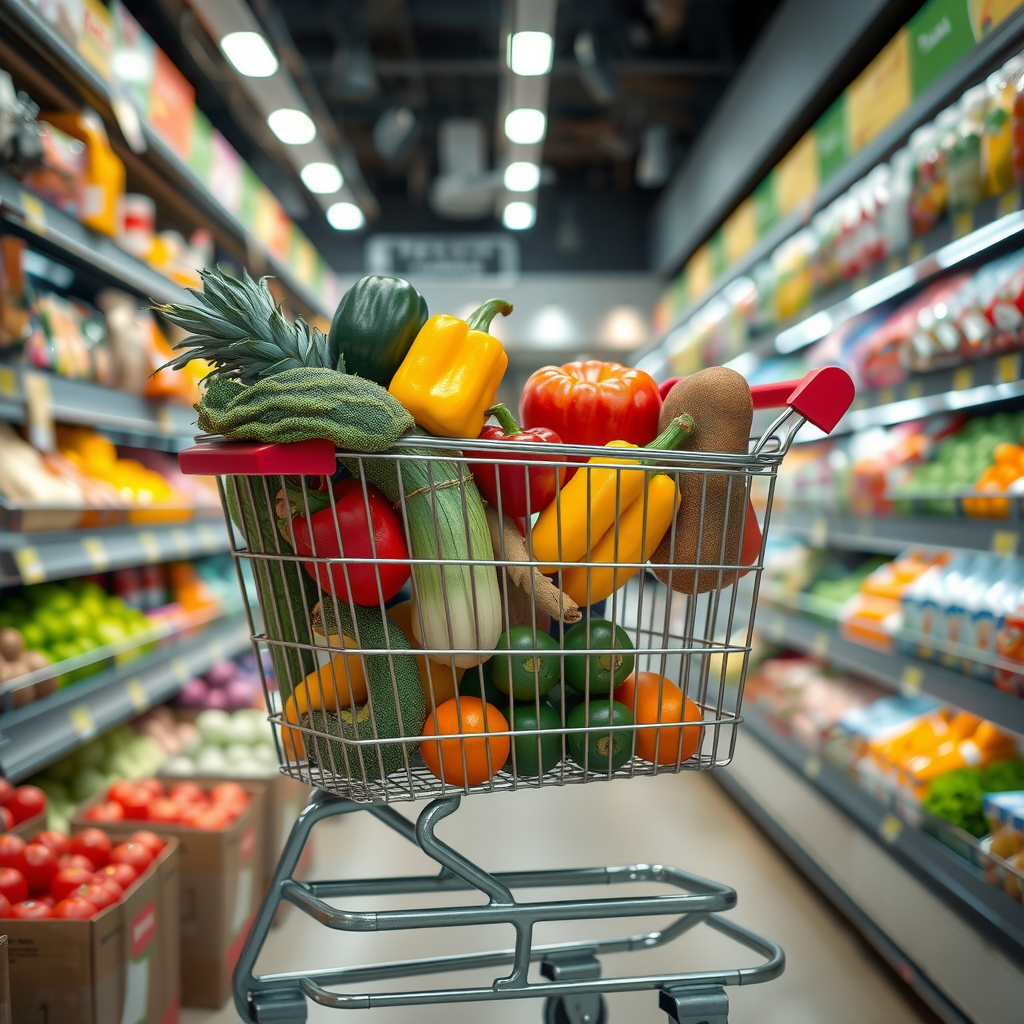 Покупательская корзина, наполненная свежими овощами, фруктами и продуктами питания в супермаркете, демонстрирующая разумный подход к покупкам