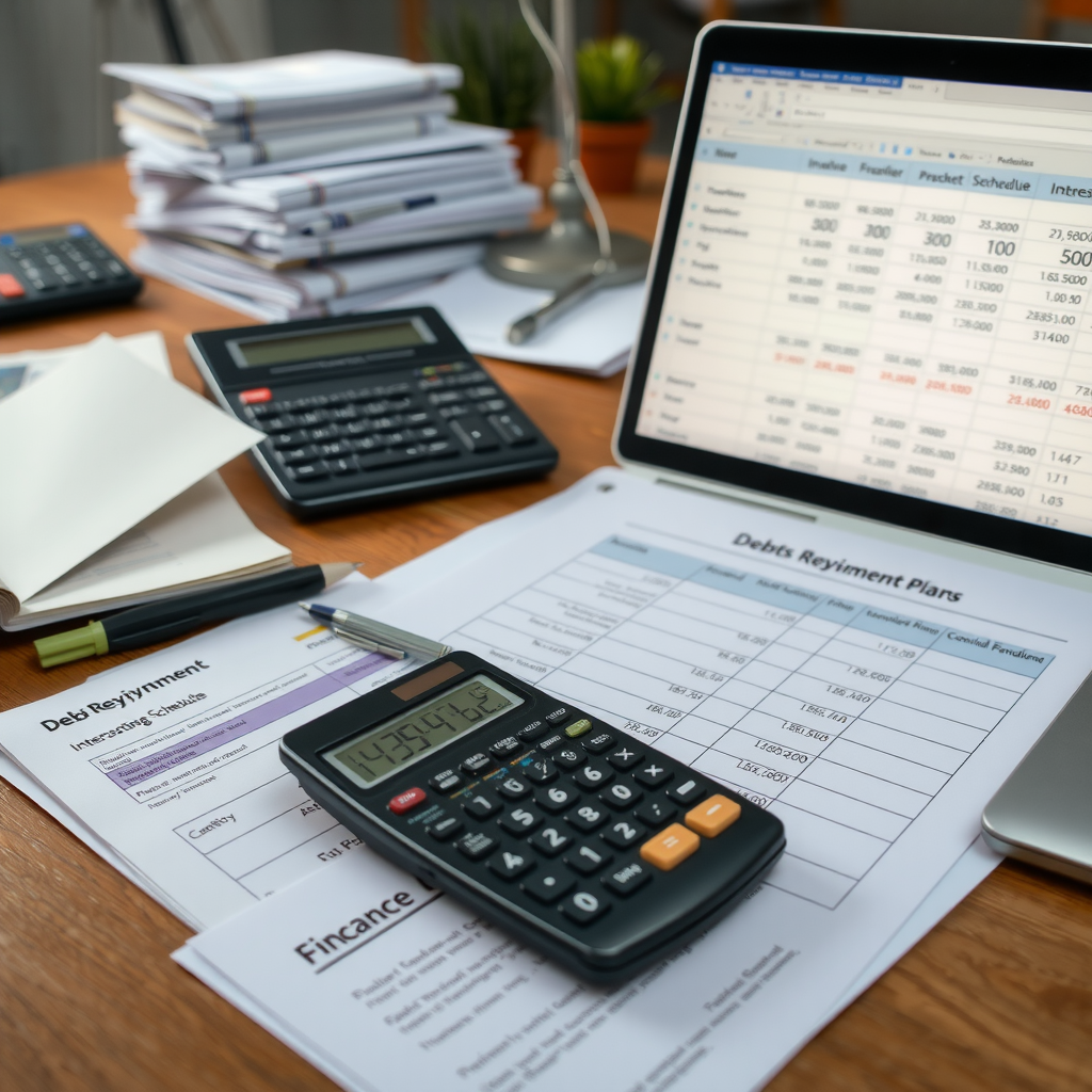 Рабочее место с финансовыми документами, калькулятором, графиками погашения долгов и ноутбуком, показывающим таблицы с расчетами процентных ставок и планами выплат