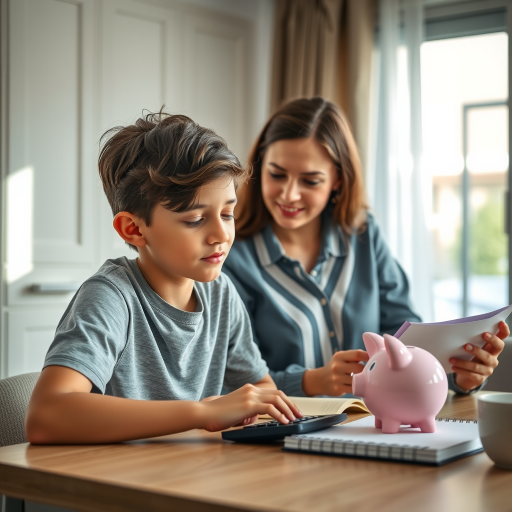 Подросток изучает финансовые навыки: молодой человек сидит за столом с калькулятором, блокнотом и копилкой, родитель рядом объясняет концепции управления деньгами, современная домашняя обстановка с естественным освещением