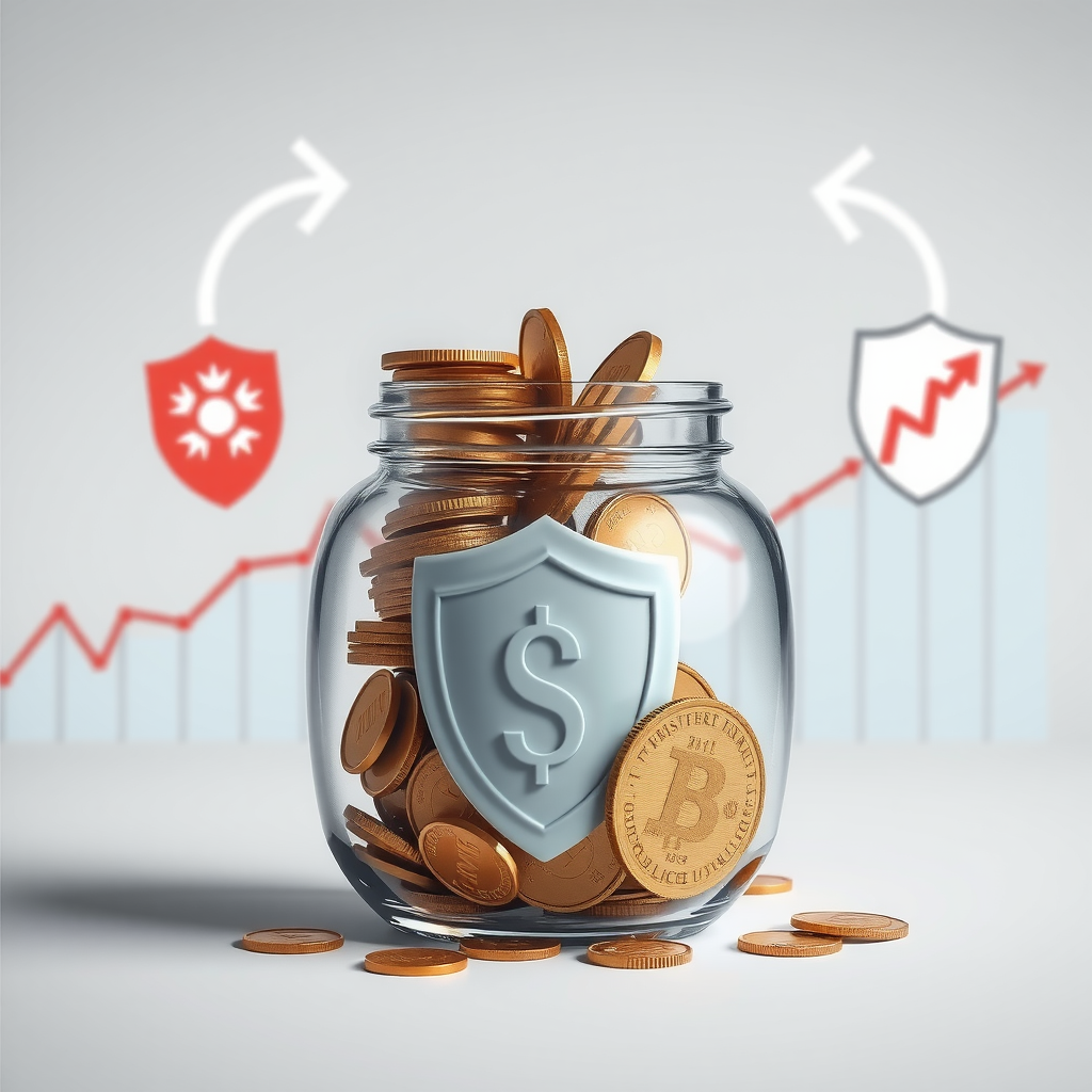 Illustration of a secure savings jar or piggy bank with coins and bills, surrounded by protective shield symbols representing financial security and emergency preparedness, with growth chart in background