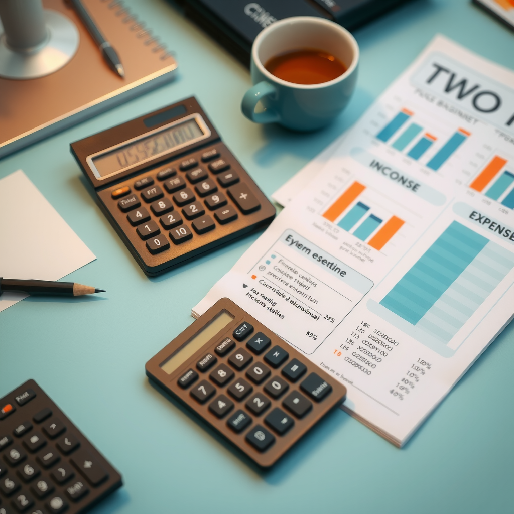 Рабочий стол с калькулятором, блокнотом с финансовыми расчетами, графиками доходов и расходов, чашкой кофе, в теплых бирюзовых тонах, символизирующий процесс планирования личного бюджета