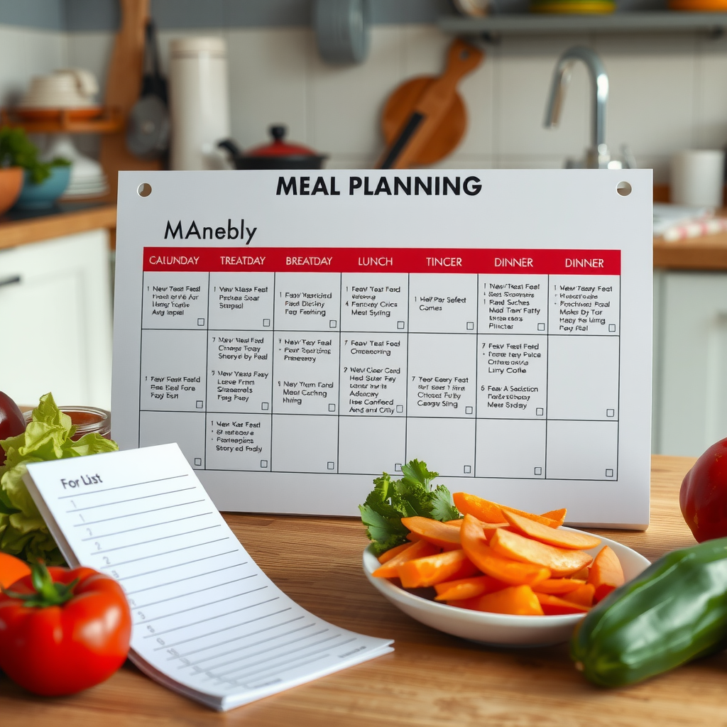 Недельный календарь планирования питания с расписанием завтраков, обедов и ужинов, блокнот со списком покупок и свежие ингредиенты на кухонном столе