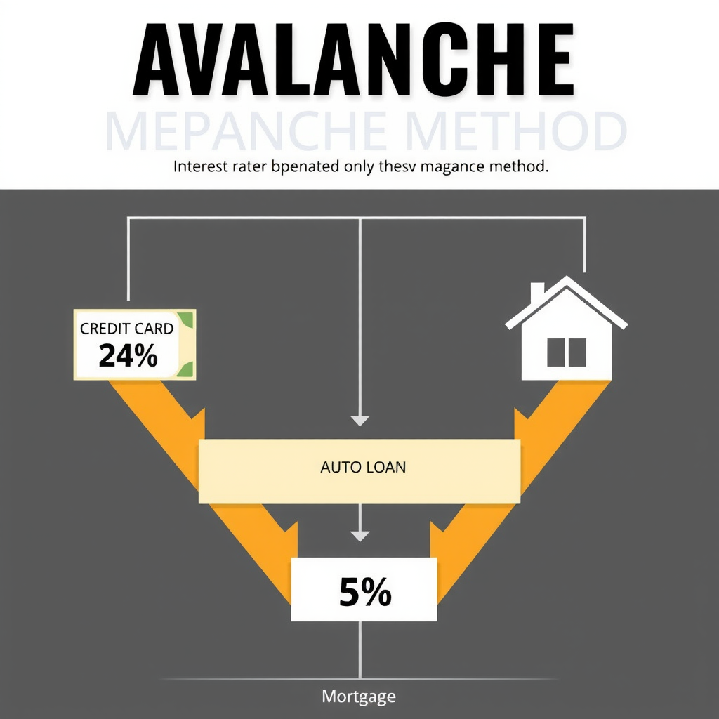 Инфографика метода лавины с диаграммой, показывающей несколько долгов, расположенных по убыванию процентных ставок: кредитная карта 24%, потребительский кредит 18%, автокредит 8%, ипотека 5%, со стрелками, указывающими порядок погашения