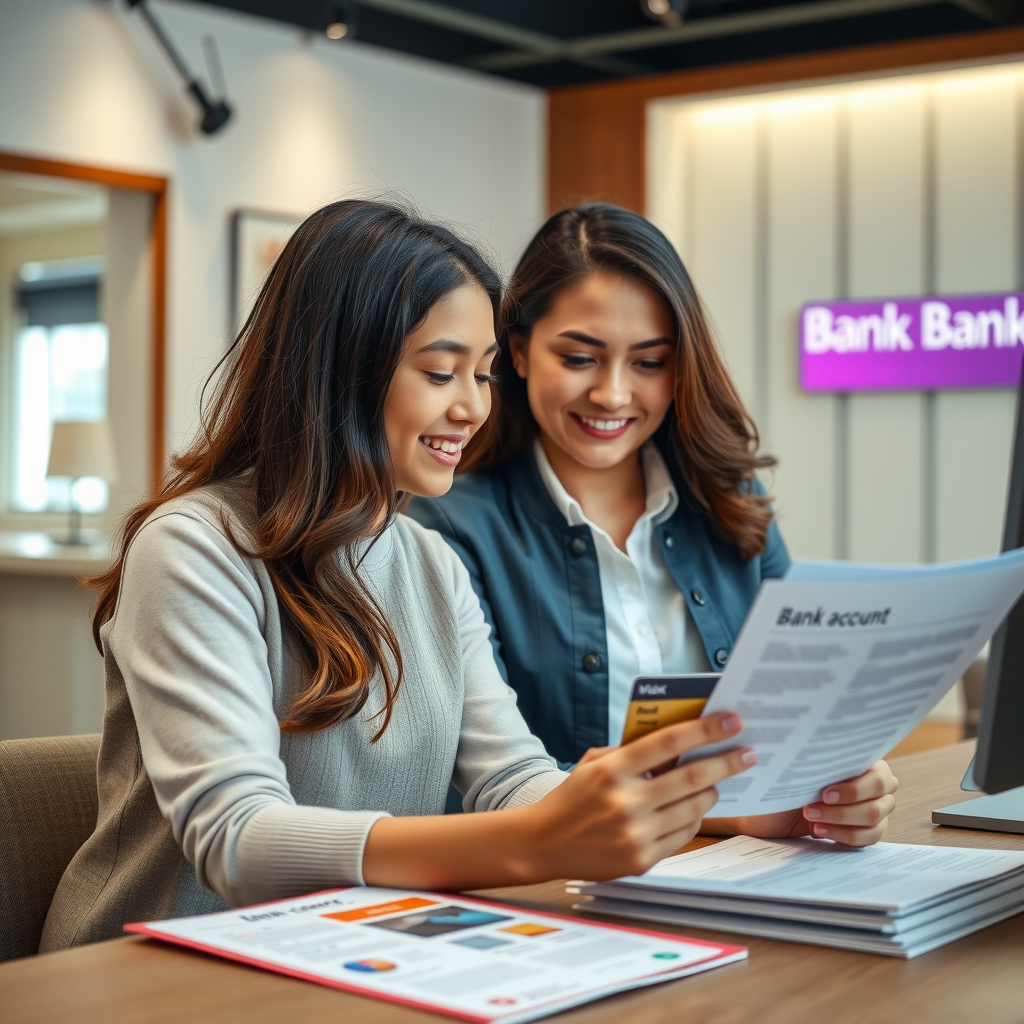 Открытие первого банковского счета: подросток с родителем в банке, сотрудник банка показывает документы, на столе банковская карта и информационные брошюры, профессиональная банковская обстановка