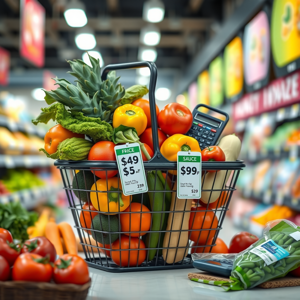 Vibrant shopping basket filled with fresh vegetables, fruits, and healthy groceries with price tags showing savings, calculator and shopping list visible, bright supermarket background