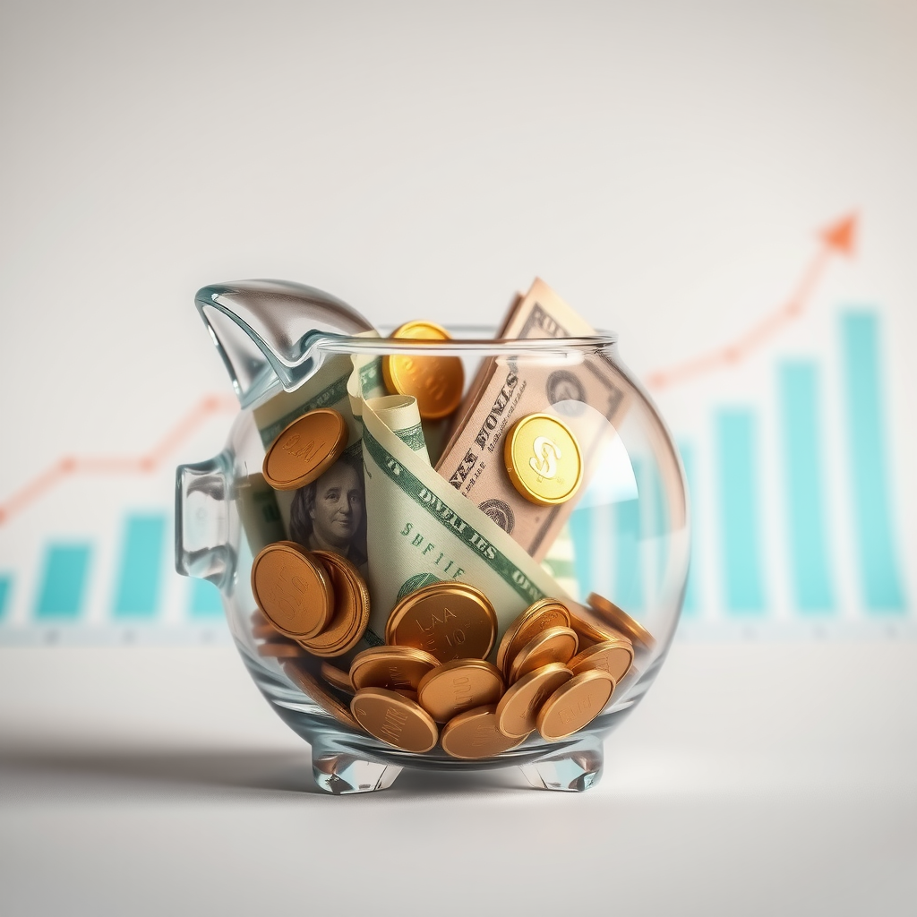Стеклянная копилка, наполовину заполненная монетами и купюрами, на фоне графика роста сбережений, в мягких золотисто-бирюзовых тонах, символизирующая процесс накопления средств