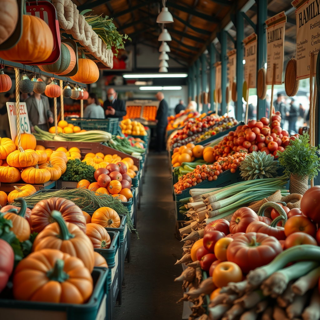Фермерский рынок с прилавками, заполненными свежими сезонными овощами и фруктами, яркие цвета осенних тыкв, яблок и корнеплодов