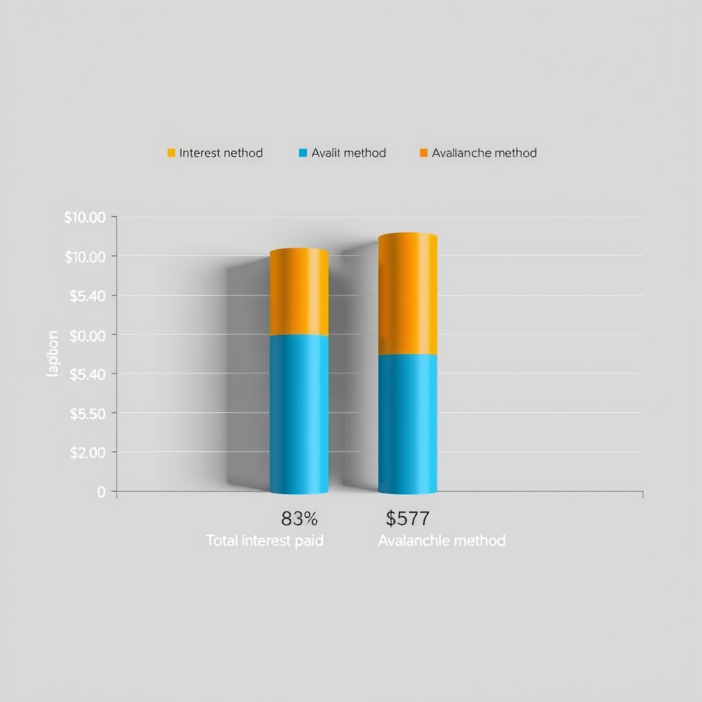Сравнительная диаграмма, показывающая экономию на процентах при использовании метода лавины: столбчатая диаграмма с двумя колонками, демонстрирующая разницу в общей сумме выплаченных процентов между методом лавины и другими подходами