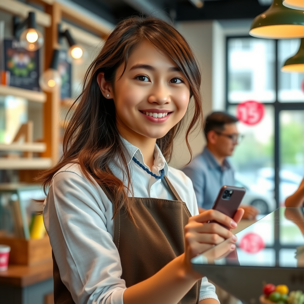 Подросток на подработке: молодой человек работает в кафе или магазине, обслуживает клиентов, улыбается, носит фартук или форму, яркая рабочая атмосфера, коллеги на заднем плане