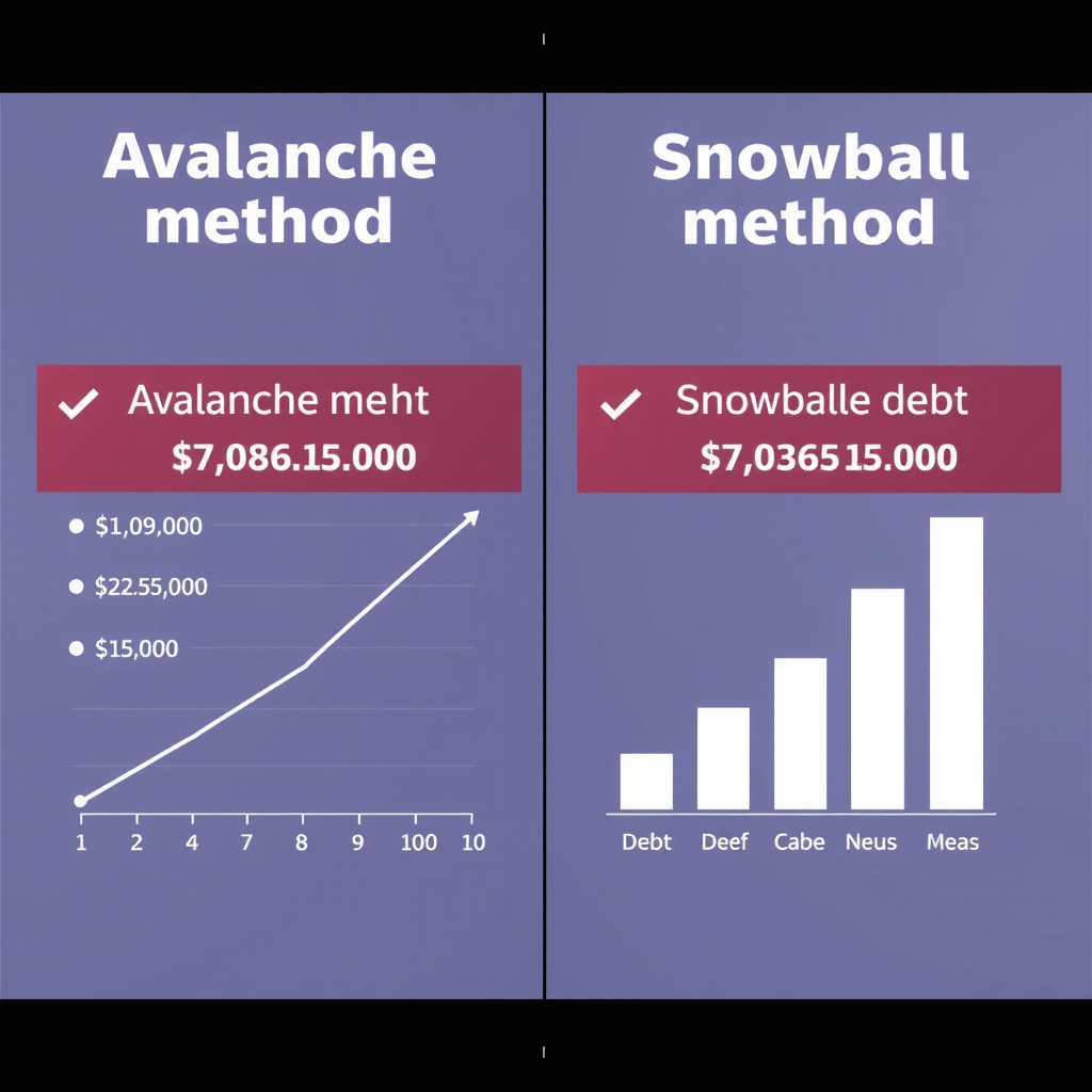 Split-screen comparison showing two debt repayment methods: avalanche method with descending interest rates and snowball method with ascending debt amounts, both with checkmarks and progress bars