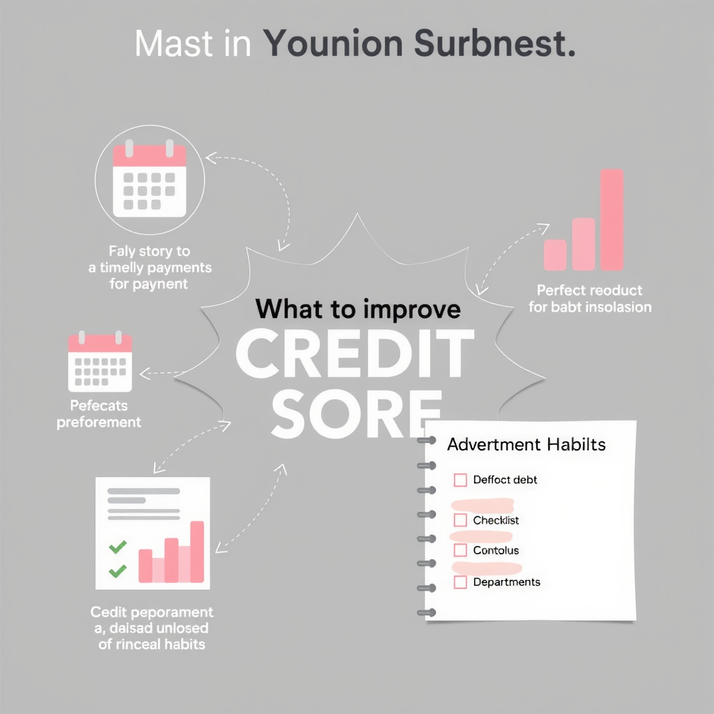 Визуальная схема пошаговых действий для улучшения кредитного рейтинга, включающая иконки календаря для своевременных платежей, графика снижения задолженности, и контрольного списка финансовых привычек