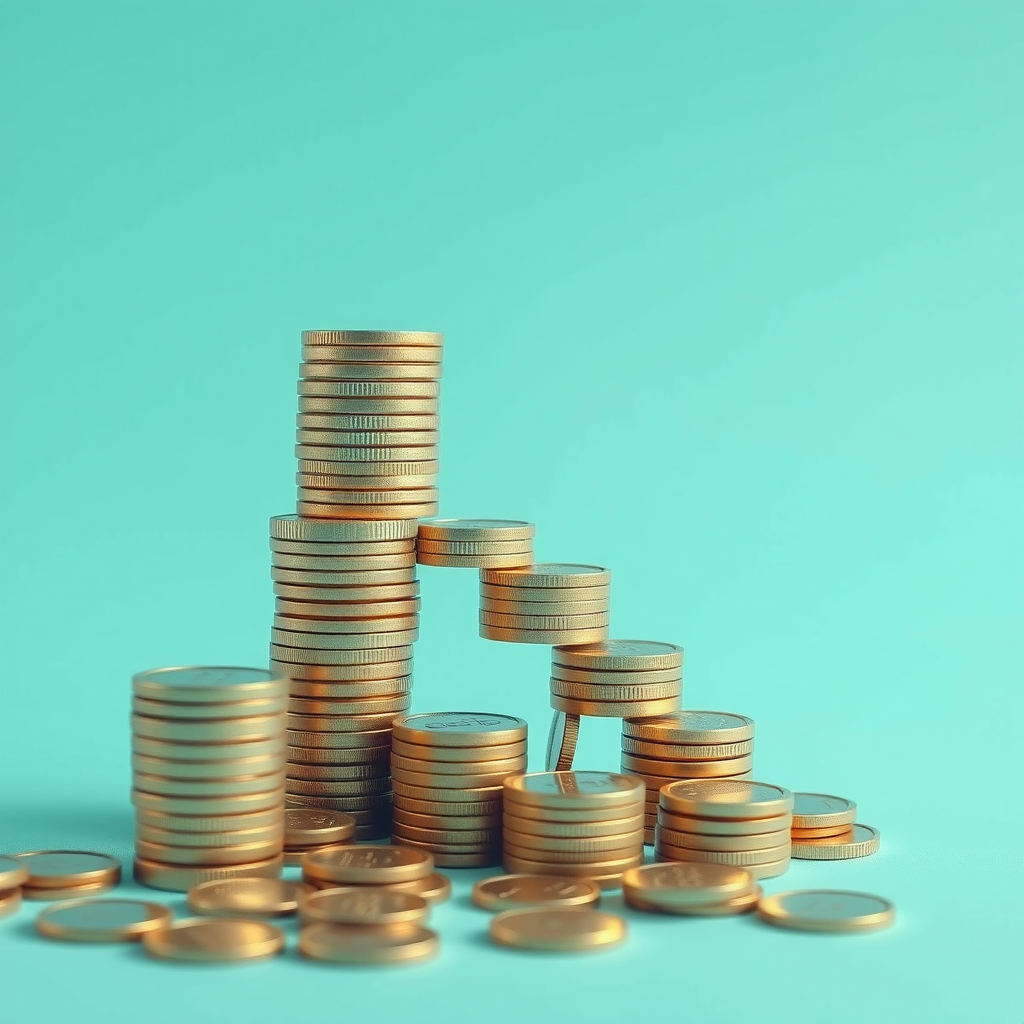 Визуализация пошагового плана накоплений: лестница из монет, ведущая вверх к цели, с отметками прогресса на каждой ступени, в профессиональном бирюзовом стиле