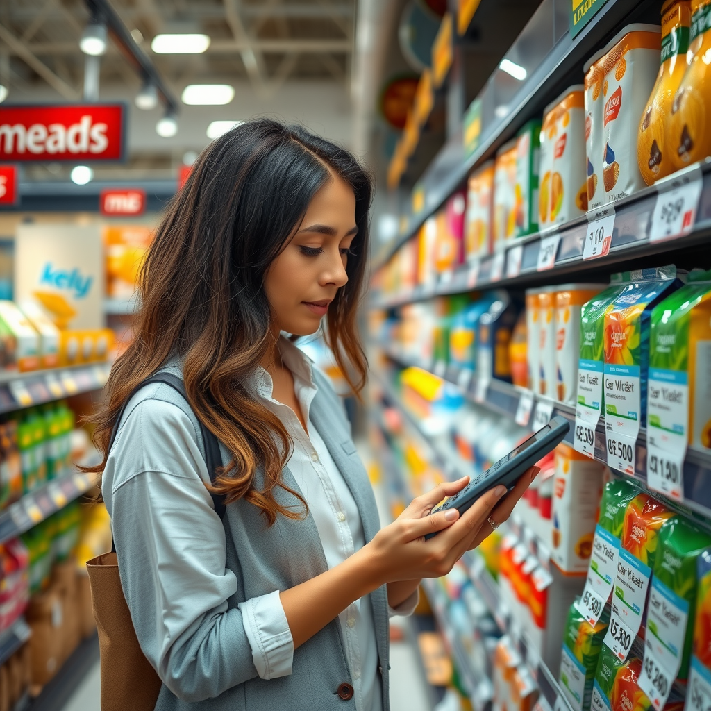 Покупатель с калькулятором сравнивает ценники на полке супермаркета, различные упаковки одного продукта с указанием цены за единицу