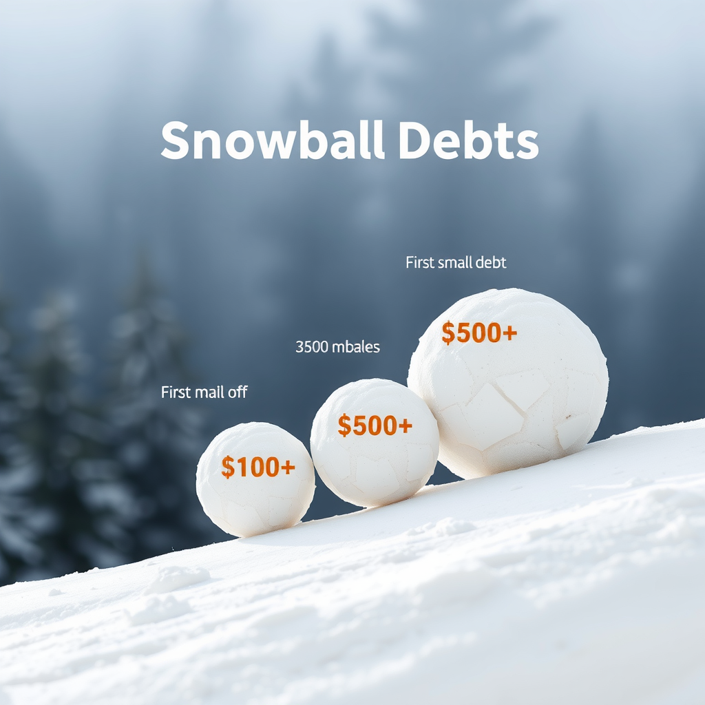 Визуализация метода снежного кома с изображением растущего снежного кома, катящегося вниз по склону, с метками, показывающими погашенные долги: первый маленький долг 2000 руб., второй 3500 руб., третий 5000 руб., создающие эффект нарастающего импульса