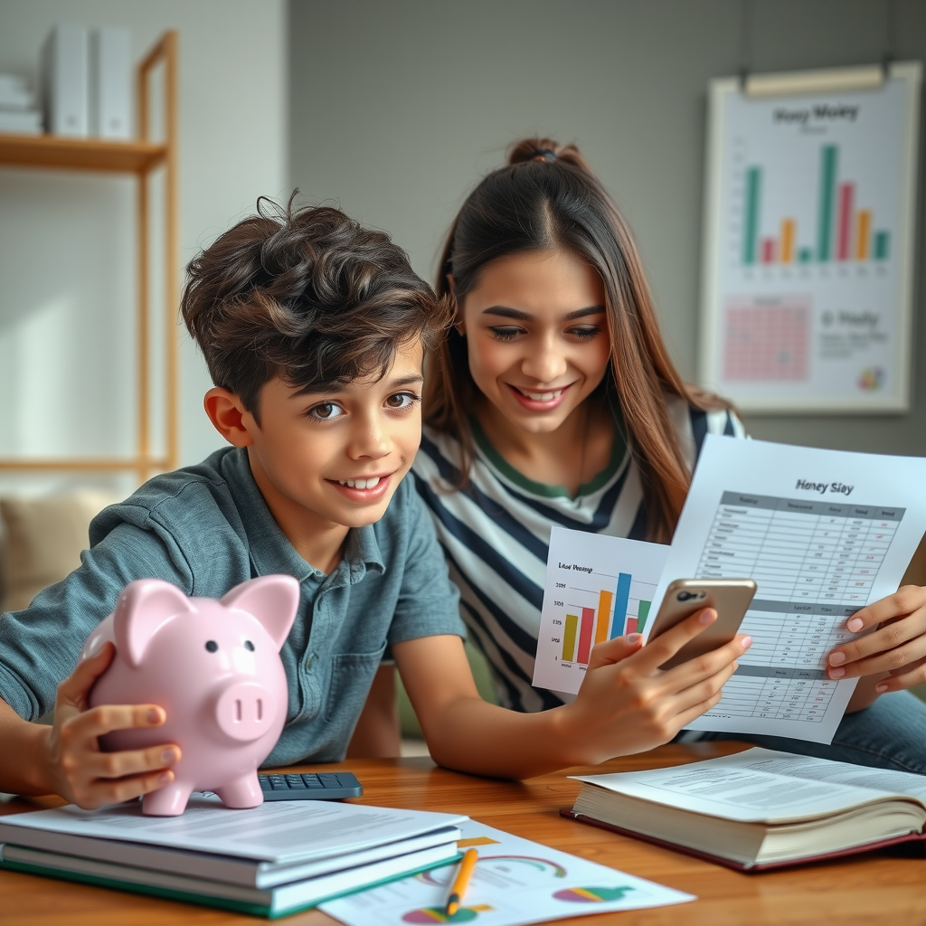 Teenager learning about money management with parent, showing piggy bank, calculator, budget worksheet, and smartphone banking app, educational and supportive atmosphere with books and charts