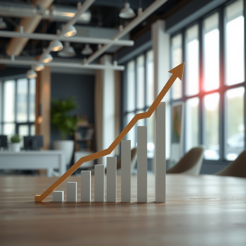 Концептуальное изображение финансового успеха: восходящий график на фоне современного офиса, символизирующий рост кредитного рейтинга и финансовое благополучие через ответственное управление финансами