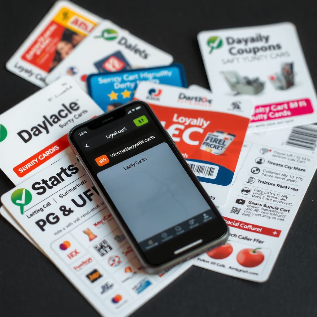 Набор карт лояльности различных супермаркетов, купоны на скидки, смартфон с приложением для отслеживания акций и специальных предложений
