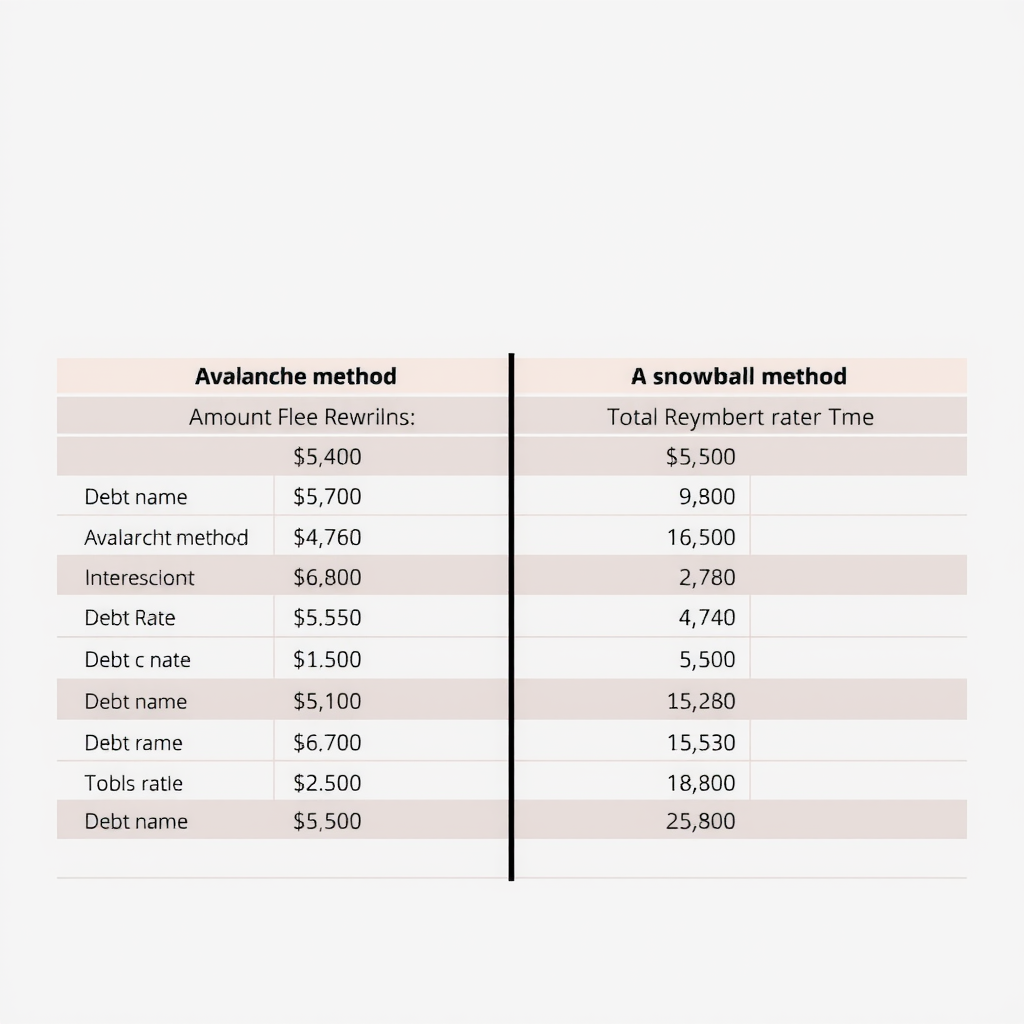 Детальная сравнительная таблица двух методов погашения долгов с колонками: название долга, сумма, процентная ставка, порядок погашения в методе лавины, порядок погашения в методе снежного кома, общее время погашения, общая сумма процентов