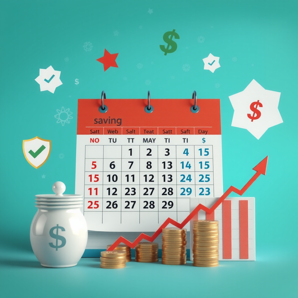 Концептуальное изображение финансовой дисциплины: календарь с отмеченными днями накоплений, график прогресса, символы целеустремленности и последовательности, в мотивирующем бирюзовом стиле