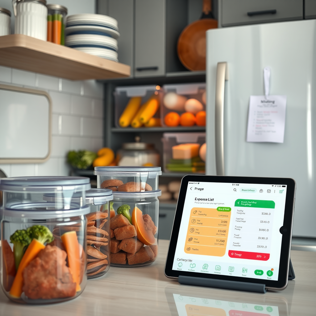 Организованная кухня с прозрачными контейнерами для хранения продуктов, список покупок на холодильнике, планшет с приложением для отслеживания расходов