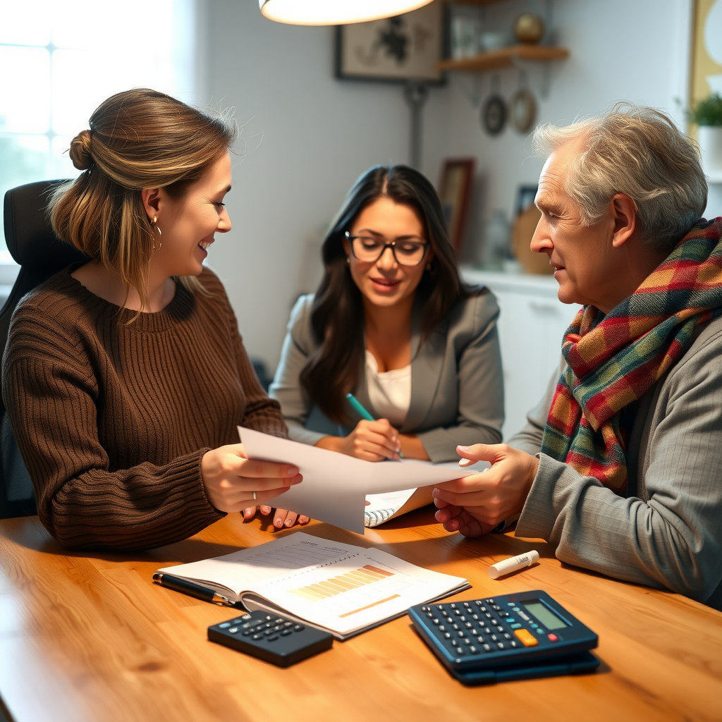 Семейное обсуждение финансов: родители и подросток сидят за столом, обсуждают документы и планы, дружелюбная атмосфера, на столе калькулятор и блокноты, уютная домашняя обстановка