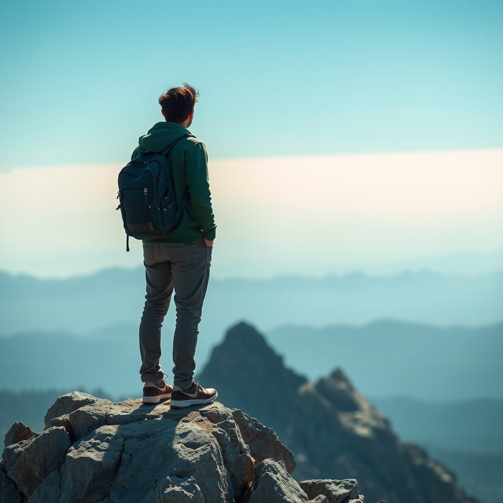 Вдохновляющее изображение финансовой свободы: человек на вершине горы с видом на горизонт, символизирующее достижение финансовой стабильности и уверенности в будущем, в светлых бирюзовых тонах