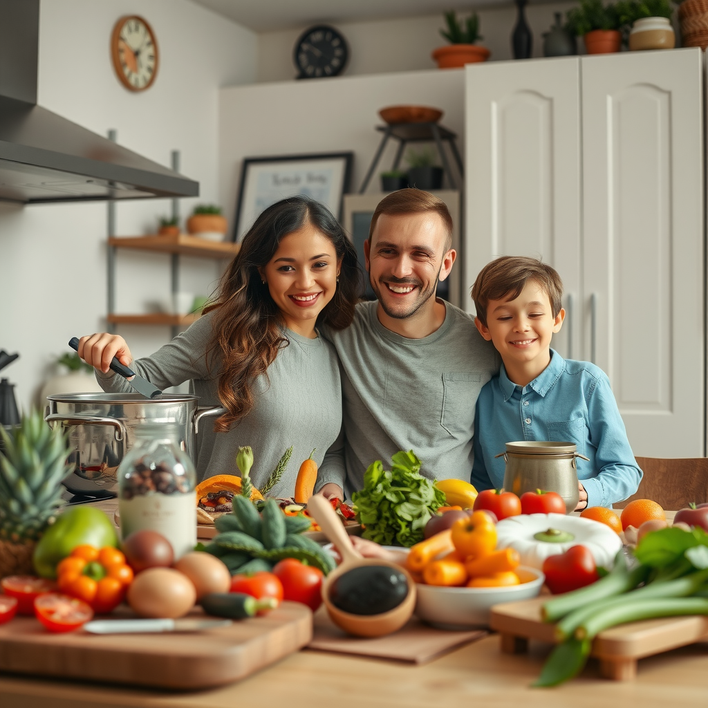 Счастливая семья вместе готовит здоровую еду на кухне, свежие продукты на столе, атмосфера радости и экономного, но качественного питания