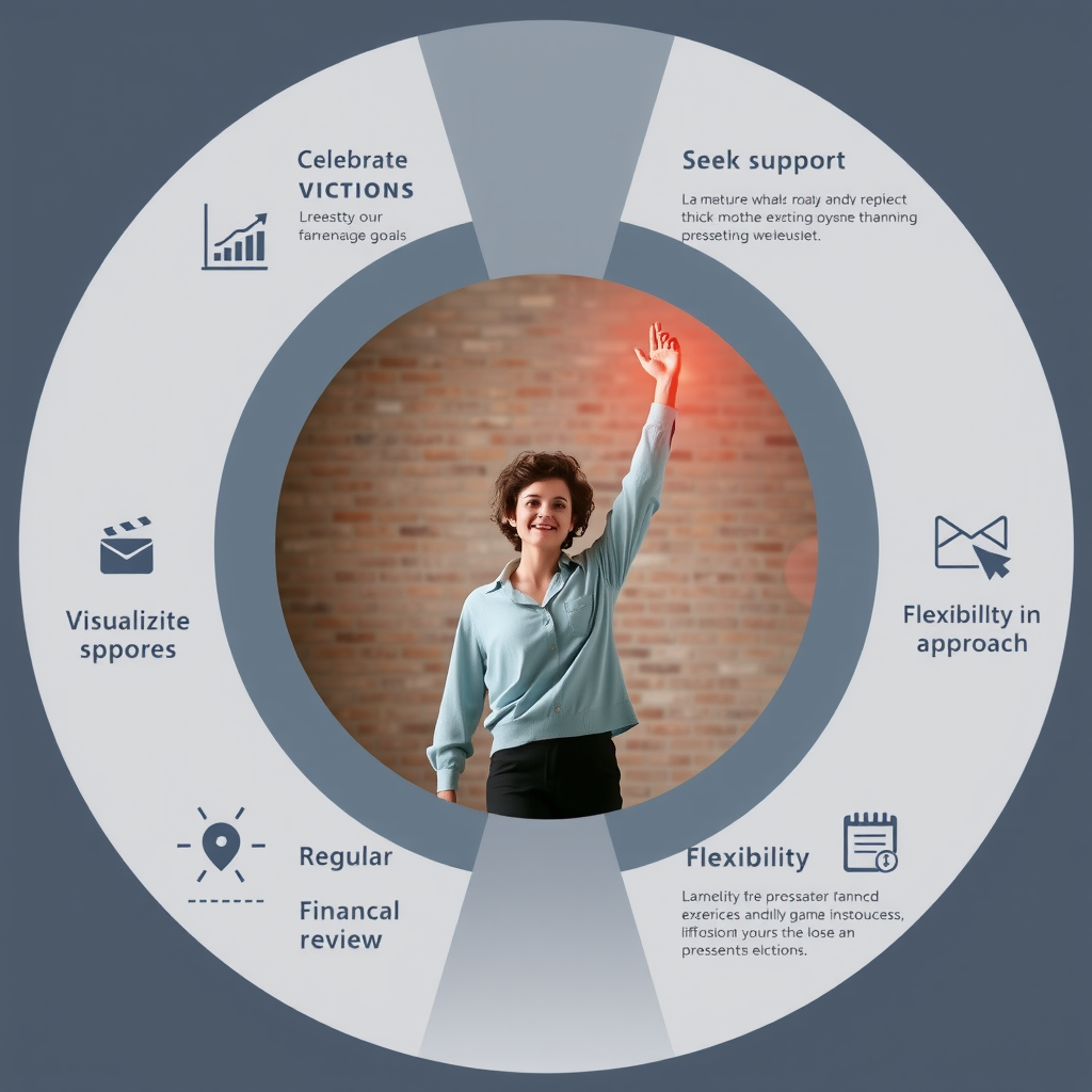 Инфографика с советами по мотивации: иконки и короткие описания для каждого совета - празднование побед, визуализация целей, поиск поддержки, регулярный обзор прогресса, гибкость в подходе, расположенные по кругу вокруг центрального изображения человека, достигающего финансовой цели