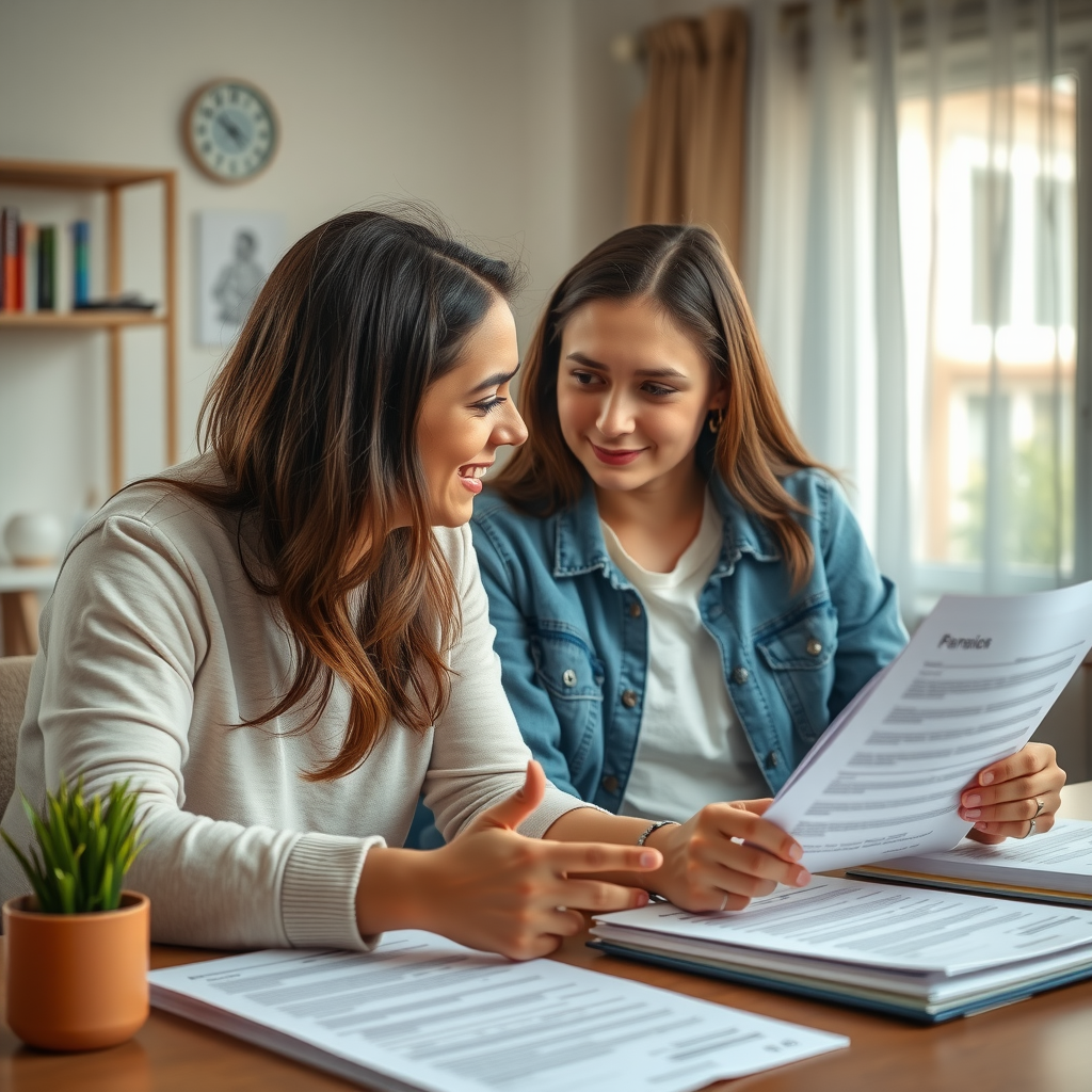 Установление финансовых границ: родитель и подросток обсуждают правила, жестикулируют, серьезный но дружелюбный разговор, документы с правилами на столе, домашняя обстановка